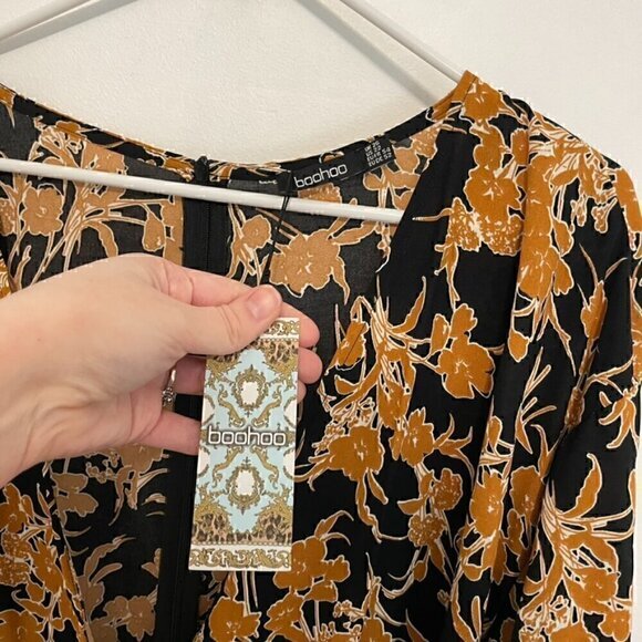 NEW NWT BOOHOO Plus Size Floral Wrap Skater Dress Black Brown Surplice Boho Knee - Picture 7 of 15